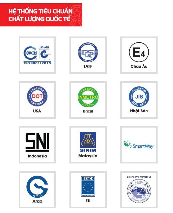 Các logo chứng nhận tiêu chuẩn quốc tế DOT và E-Mark của lốp DRC, khẳng định cam kết an toàn cho người sử dụng